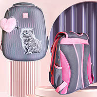 Рюкзак шкільний ортопедичний для дівчинки 1 2 3 клас, каркасний дитячий бузковий портфель з котиком в школу