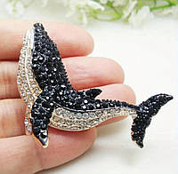 Брошка кит з чорними та прозорими кристалами BRS054