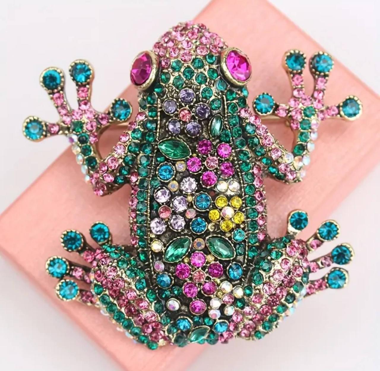 Брошка жаба з різнокольоровими кристалами BRS055, фото 1