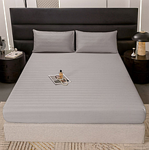 Сатинова простирадло на резинці двушка 160 200 Страйп-сатин (без наволочок), простирадло двоспальне для матраца на резинці Сірий