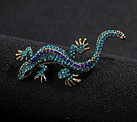 Брошка Ящірка з бірюзовими та синіми стразами BRS060