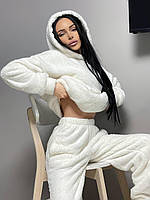 Жіночий стильний теплий м'який домашній костюм піжама-двійка джогери худі скопушоном махра 42-46 48-50