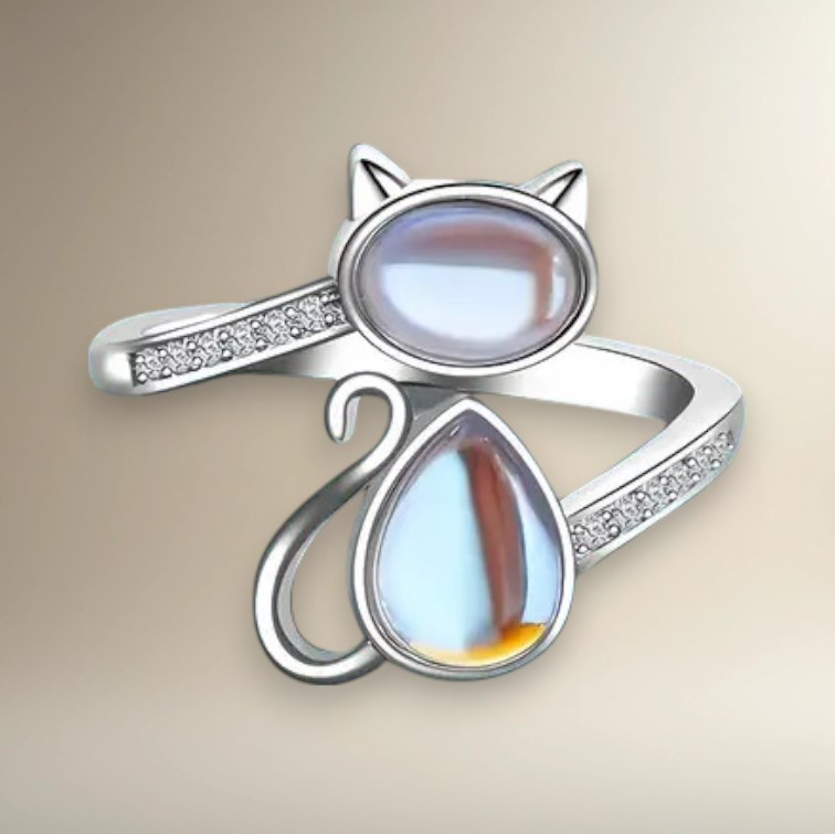 Каблучка срібляста Кіт з імітацією місячного каменя регульована IgnisFlos503, фото 1