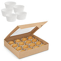 Коробка для 16 цукерок горішків тарталеток 185×185×35 мм, крафт, з прозорим віконцем та паперовими формами