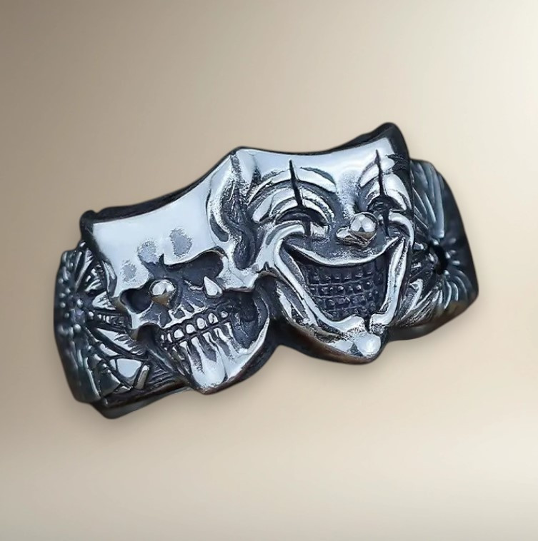 Кільце сріблясте Клоуни Добра і Зла ретро японський готичний стиль регульований IgnisFlos247, фото 1