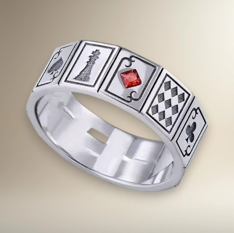 Кільце сріблясте вінтажний стиль карти з червоним фіанітами регульований IgnisFlos918, фото 1