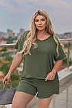 Літній жіночий костюм шорти і футболка легкий прогулянковий костюм великих розмірів із жатки, фото 2