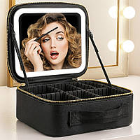 Косметичка дорожня з LED дзеркалом (26х23х11см), Чорна / Портативна косметичка-валіза / Органайзер для косметики