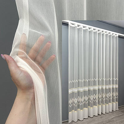 Тюль бамбук з вишивкою та люрексом. Колір молочний з золотистим. Код 1725т