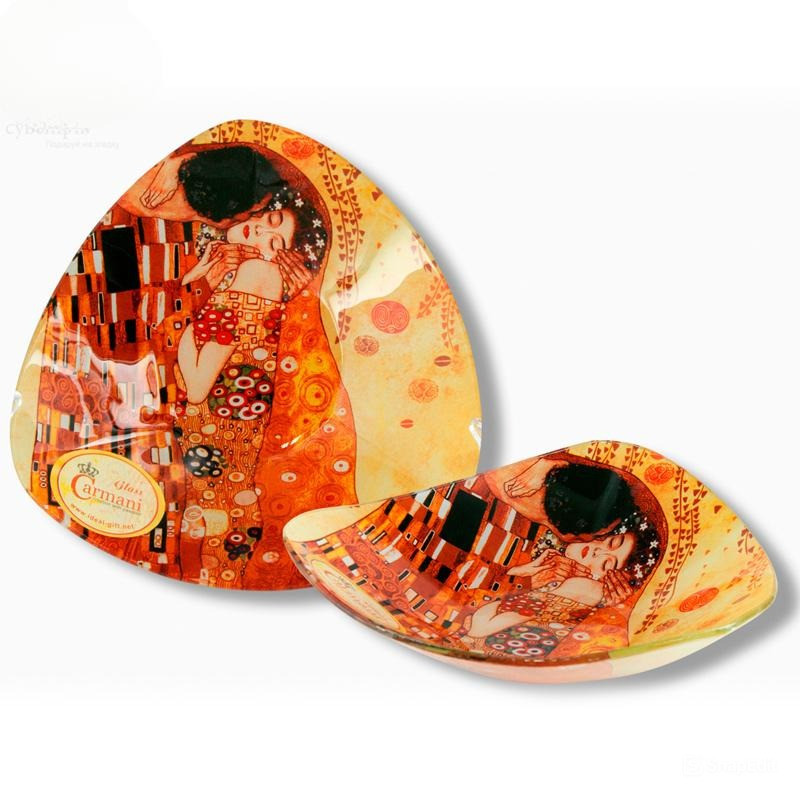 Скляна тарілка Р. Клімт Поцілунок Carmani, 17х17 см, фото 1