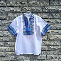 Вишиванка дитяча з коротким рукавом для хлопчика, біла з синім