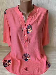 Сорочка жіноча модна льон, коралова рожева короткий рукав, планка на ґудзиках