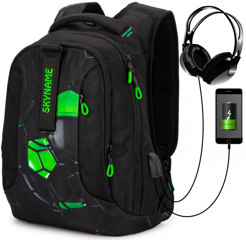 Рюкзак шкільний ортопедичний у 5-11 клас для хлопчика підлітковий з USB чорний з зеленим SkyName 91-1