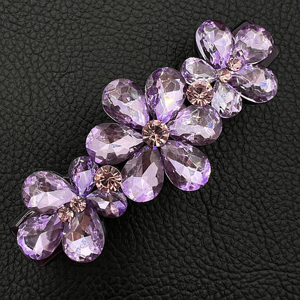 Шпилька автомат для волосся — французький пластик квіточки з фіолетовими кристалами розмір 9 см висота 3 см, фото 1