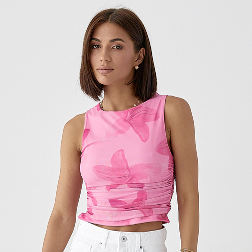 Сітчаста жіноча майка з принтом квітів рожевий топік жіночий літній в сітку розмір М, фото 1