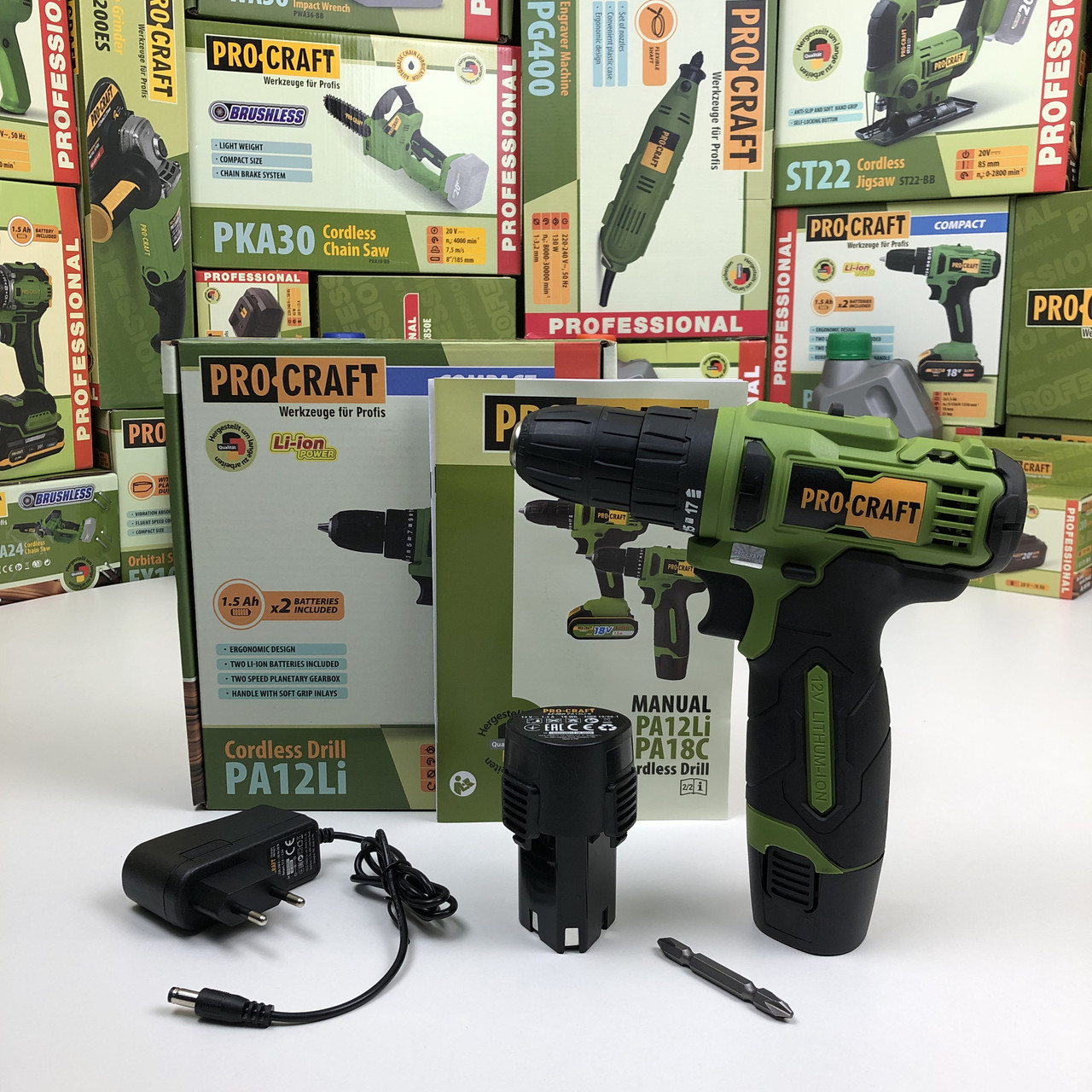 Шуруповерт Procraft PA12Li COMPACT (12В, 1.5Ач, 20Нм, 2 АКБ) Акумуляторний шуруповерт Прокрафт PA-12Li