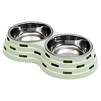 Миска для тварин подвійна на пласт. підставці зі знімними метал. мисками 33*14*6 см в асорт.