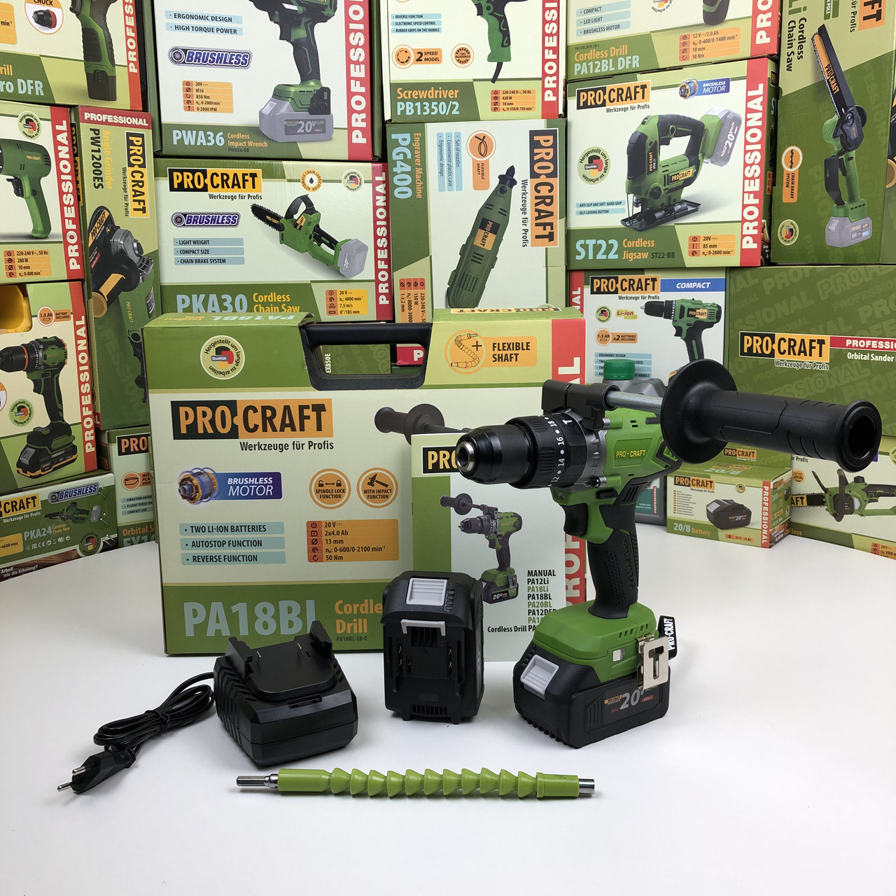Безщітковий шуруповерт Procraft PA18BL Universal Extra (20В, 4Аг, 50нм, 2 АКБ) з додатковою рукояткою