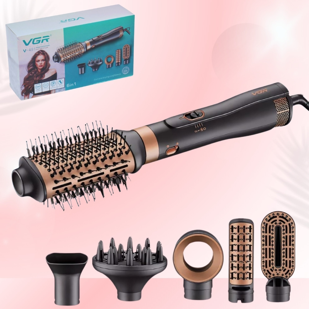Мультистайлер 6в1 фен щітка VGR V-491 набір для укладання волосся 3 режими 6 насадок, фото 1