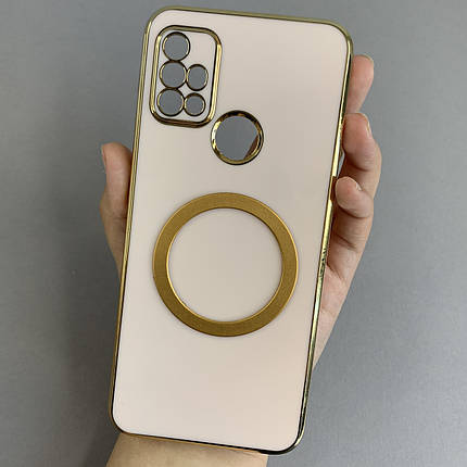 Чохол для Motorola G20 з металевим кільцем MagSafe із золотою рамкою на моторола г20 пудровий q08w, фото 1
