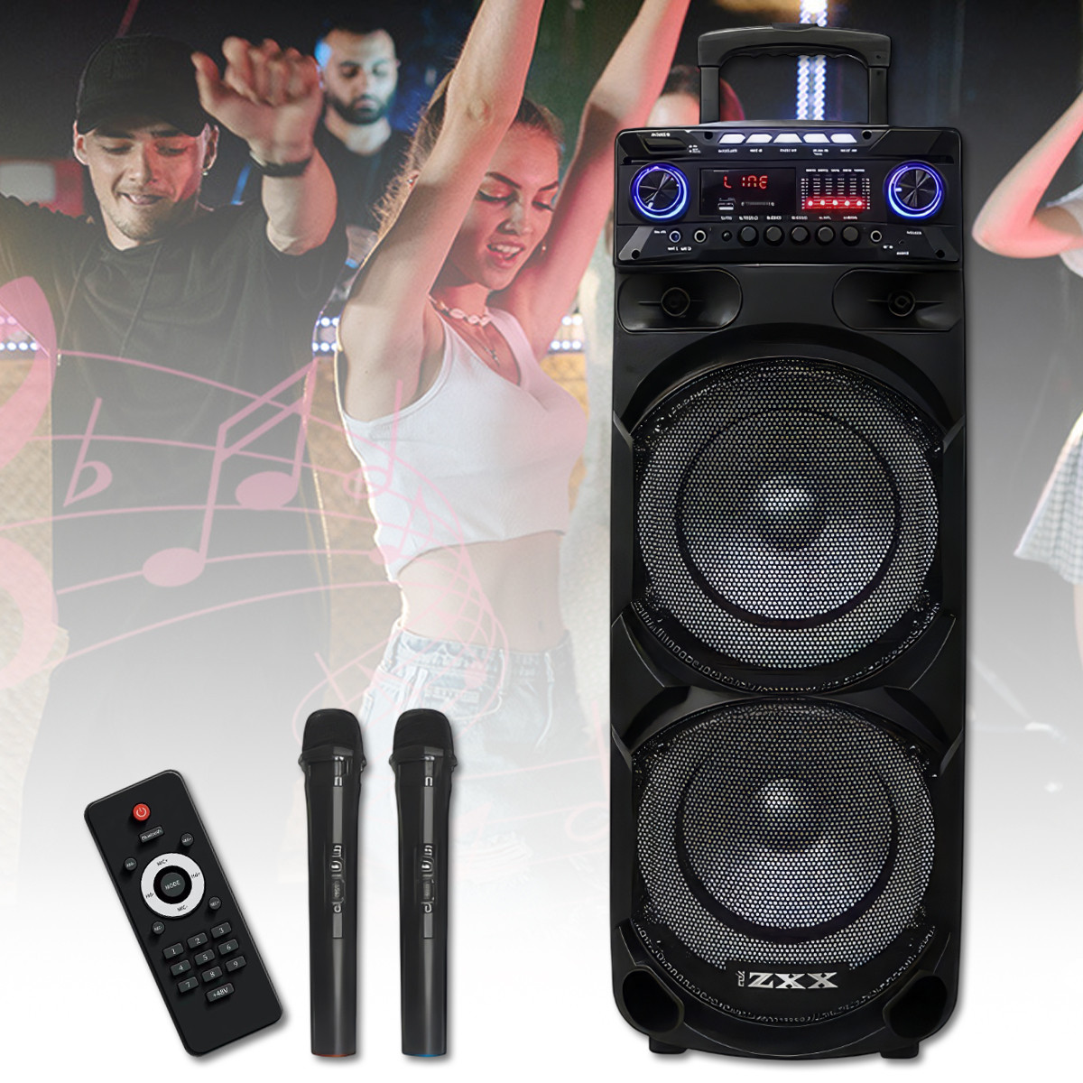 Акустична переносна колонка потужністю 60Вт з 2 мікрофонами та пультом ZXX-9292, фото 1