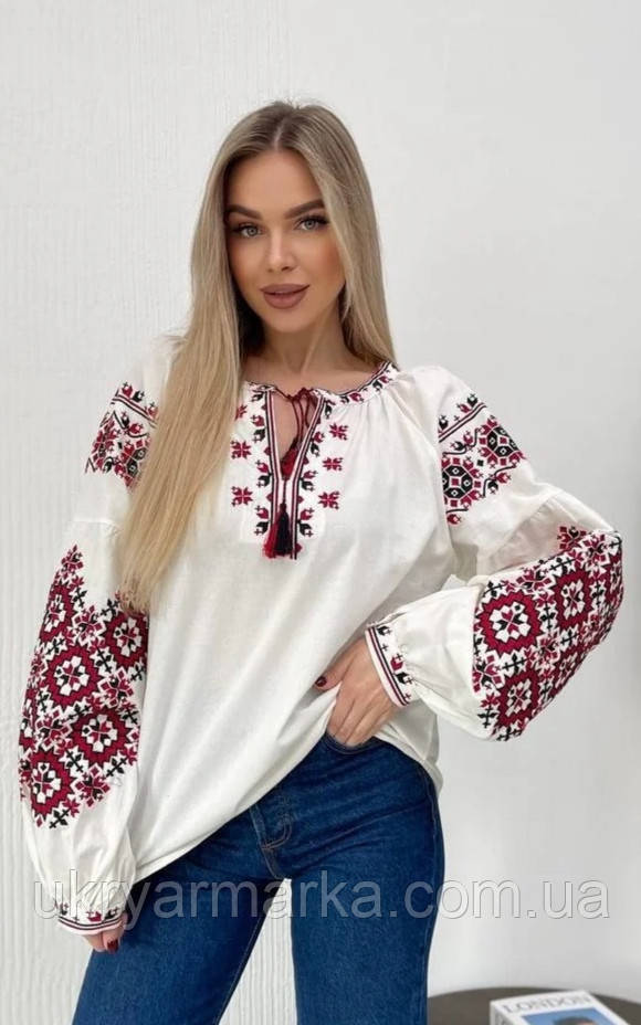 Біла жіноча сорочка з червоно-чорною вишивкою  "Кияночка"