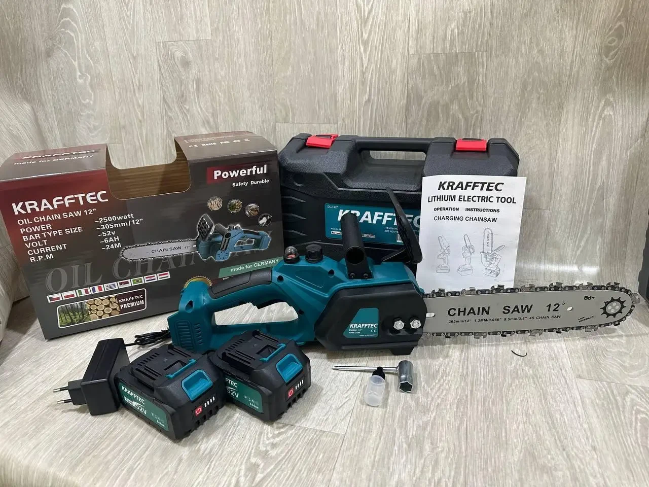 Акумуляторна ланцюгова пила Krafftec 2 АКБ, (1 шина 1 ланцюг), 52V 6Ah, 2500 Вт 12 дюймів, фото 1