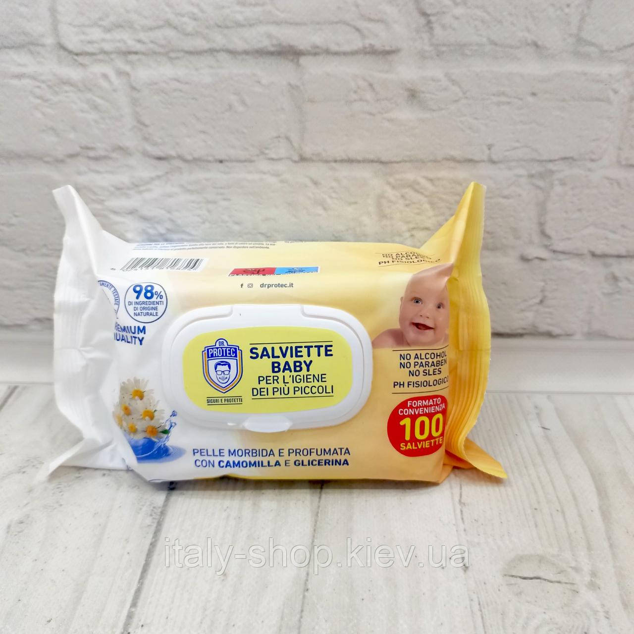 Вологі натуральні серветки для дітей Dr. Protec Premium Quality Baby з ромашкою та гліцерином 100 шт з Італії, фото 1