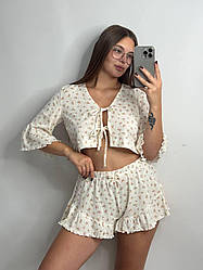 Піжама жіноча ТОП+ШОРТИ трикотаж бамбук РЮШИ 234/24