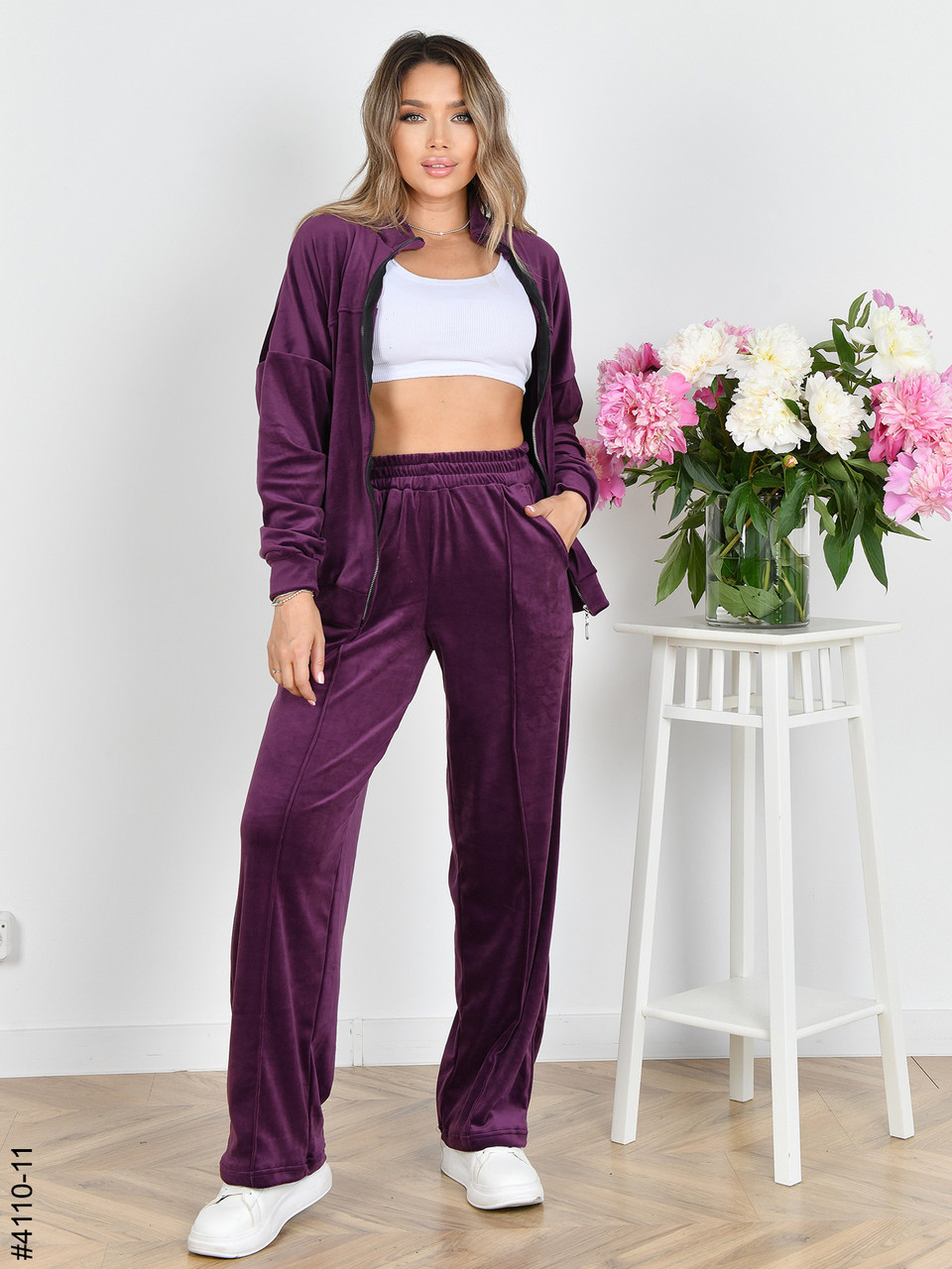 4110-11 Спортивний костюм жіночий на блискавці велюр прямі штани норма (3 од: 42,44,46), фото 1