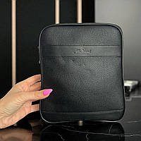 Шкіряна чоловіча сумка через плече чорна зручна сумка з довгим ременем екошкіра 21×25см