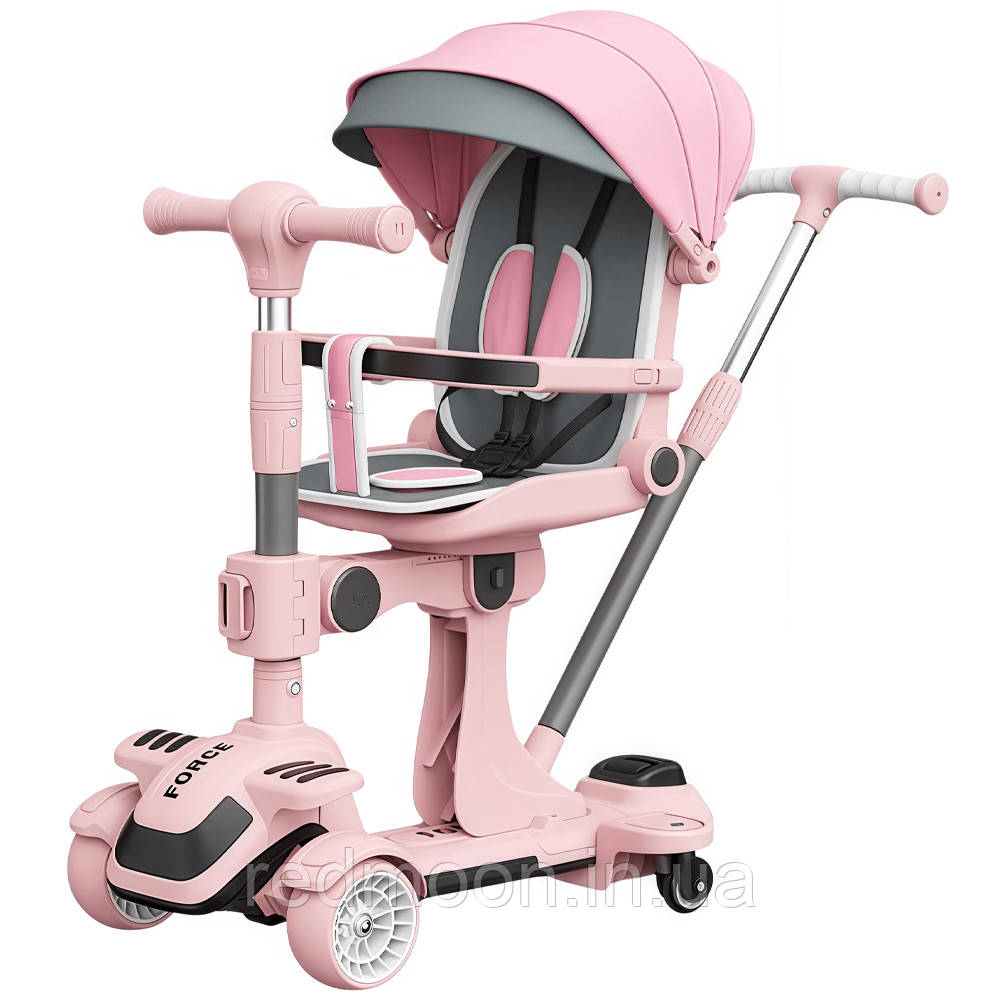 Дитячий самокат із сидінням 5в1 (від 1 до 5 років) Рожевий/ Самокат для дітей/ Самокат коляска/ Самокат з, фото 1