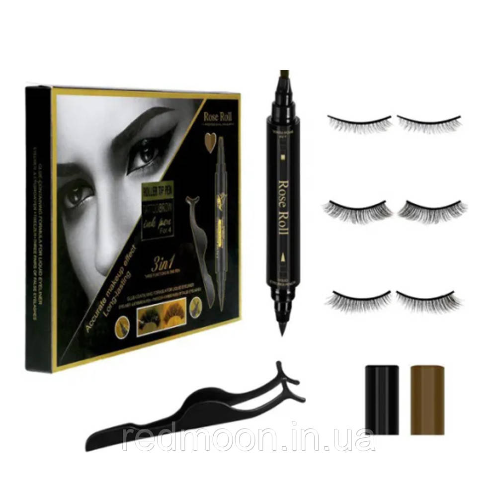 Набір для брів та вій 3в1 (Накладні вії, Маркер, Підводка) Rose Roll / Набір для фарбування брів, фото 1