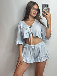 Піжама жіноча ТОП+ШОРТИ трикотаж бамбук БЛАКИТНИЙ 234/24