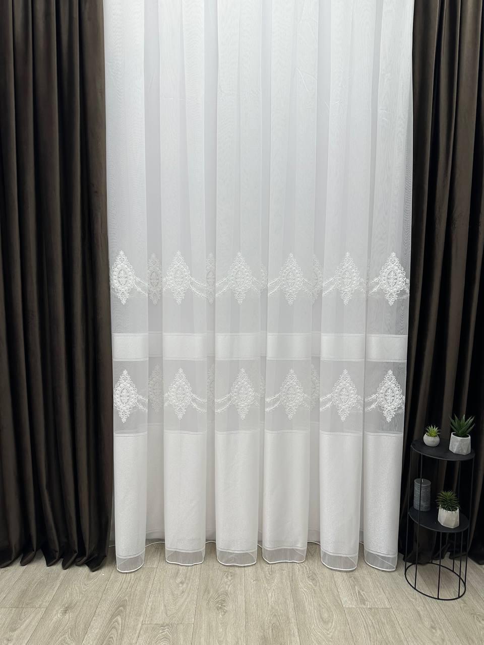 Тюль на бамбуковій основі зі смужками та вишивкою. Колір: молочний, фото 1