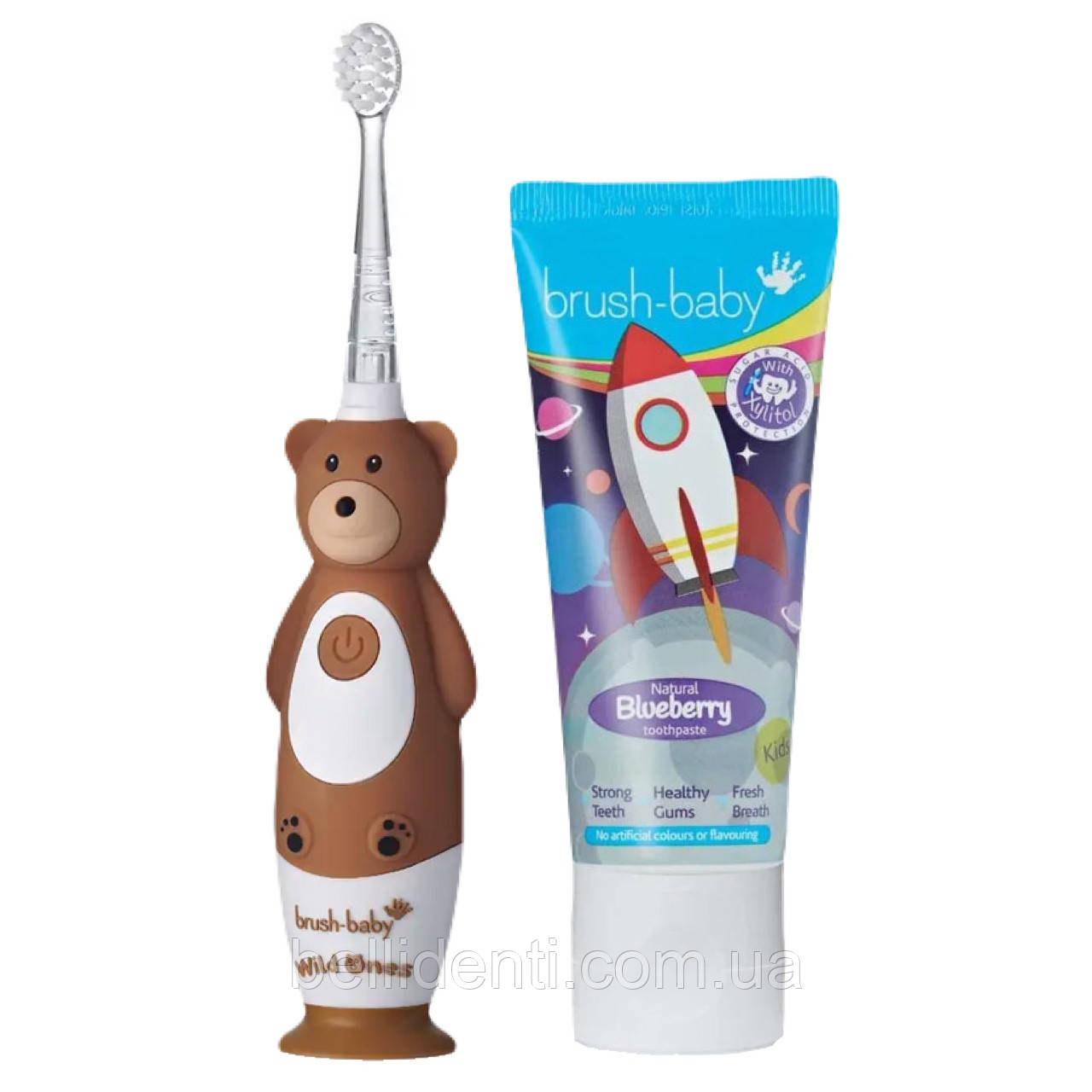 Набір від 3 до 10 років (щітка Brush Baby WildOnes Sonic, ведмедик і  паста Brush-Baby 50 мл, ракета)