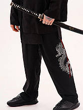 Льняні широкі штани з вишивкою Мураками чорний S, M, L, XL, ХXL