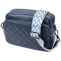 Сумка жіноча з натуральної шкіри синя містка з ромбами на лицьовій стороні Вінтаж 21х15х7 см BUV