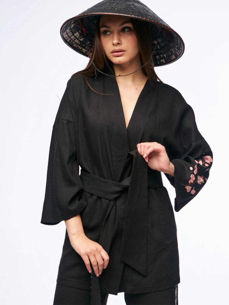 Кімоно з льону , чорне , модель SW-2423, від бренду Тур, розміри: S - M, L - XL, фото 1