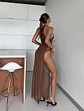 Комплект - трійка, коричневий купальник на завязках з довгою прозорою тунікою, фото 2