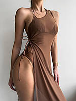 Комплект - трійка, коричневий купальник на завязках з довгою прозорою тунікою