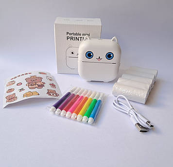 Портативний дитячий термопринтер Котик із набором Bluetooth X18-W білий