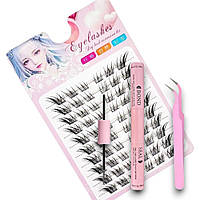 Набор накладных ресниц C-завиток Кошачий глаз 11 15 мм + пинцет, клей, закрепитель