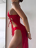 Комплект - трійки, червоний купальник на завязках з довгою прозорою тунікою, фото 4