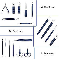 Манікюрно-педикюрний набір RESTEQ з інструментами для догляду за обличчям — 18 предметів у стильному синьому футлярі, фото 3
