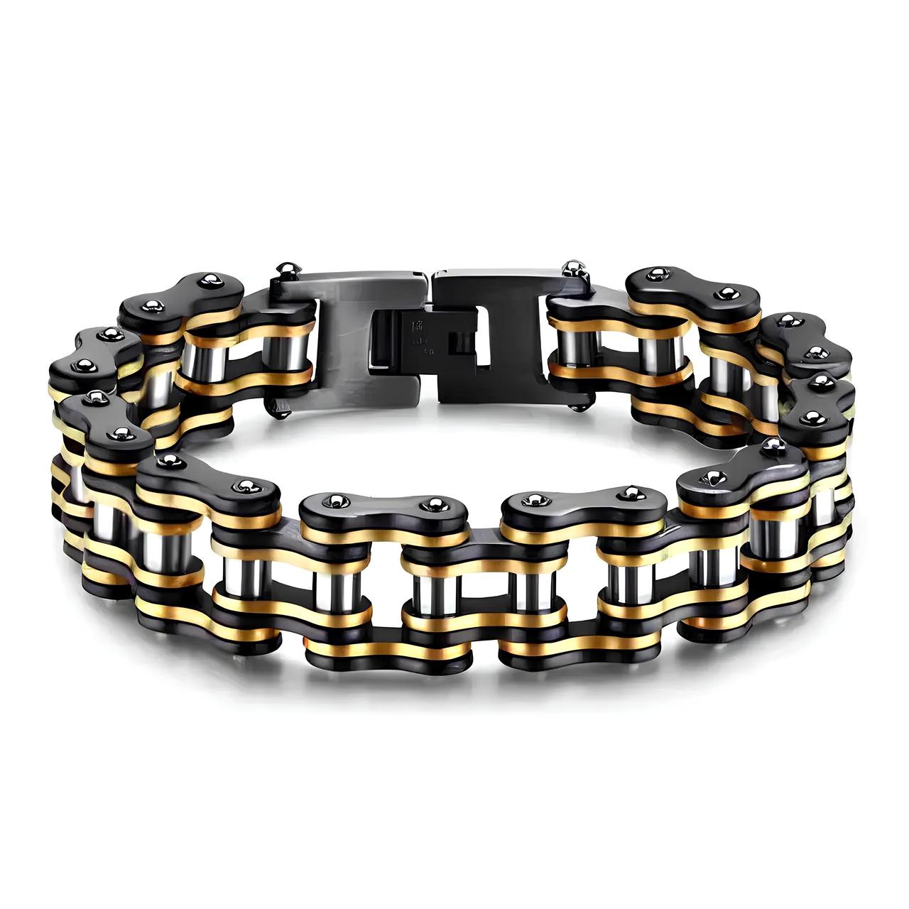 Чоловічий браслет RESTEQ із нержавіючої сталі у вигляді мотоциклетного ланцюга, чорно-золотий