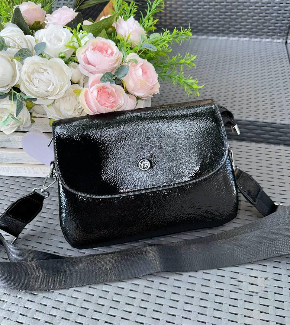 Жіноча сумка через плече на 3 відділення середня сумка чорна лакова екошкіра, фото 1