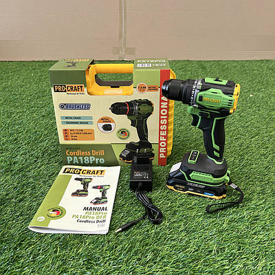 Безщітковий шуруповерт Procraft PA18Pro (20В, 1.5Ач, 30Нм, 1 АКБ) Акумуляторний шуруповерт Прокрафт