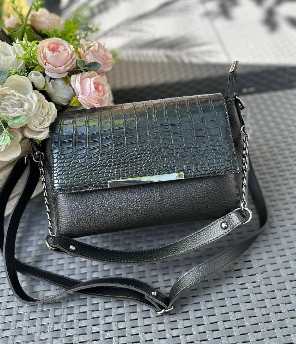 Жіноча  сумочка через плече на довгому ремені крос-боді сумка клатч чорна екошкіра