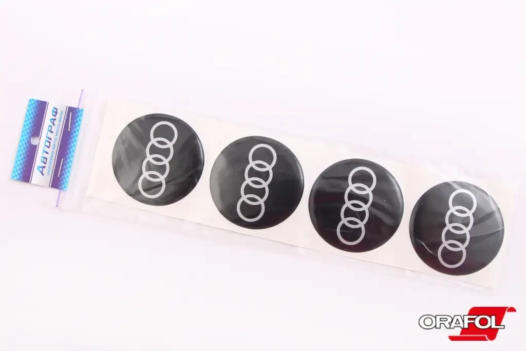 Наклейка на ковпак 70мм силікон Audi чорна Автограф (4 шт.), фото 1